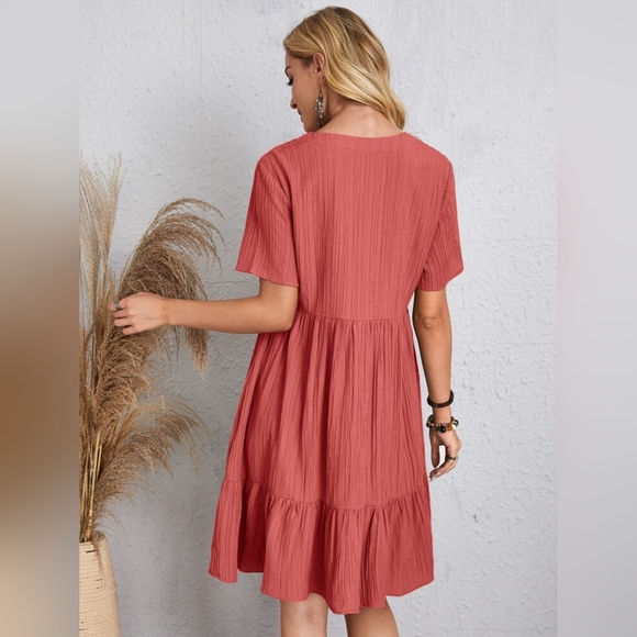 Full Size V-Neck Short Sleeve Coral Midi Dress - Picture 2 of 7